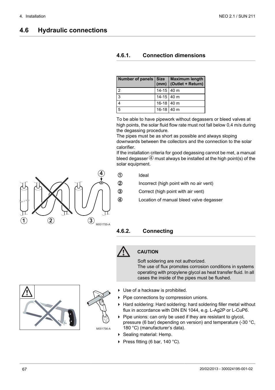 Hydraulic connections, Connection dimensions, Connecting | 6 hydraulic connections | DE DIETRICH NEO 2.1 User Manual | Page 68 / 76