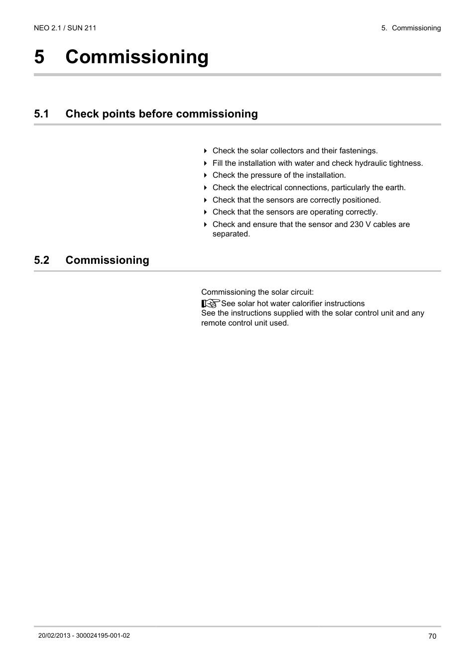 Commissioning, Check points before commissioning, 5 commissioning | 1 check points before commissioning, 2 commissioning | DE DIETRICH NEO 2.1 User Manual | Page 71 / 76
