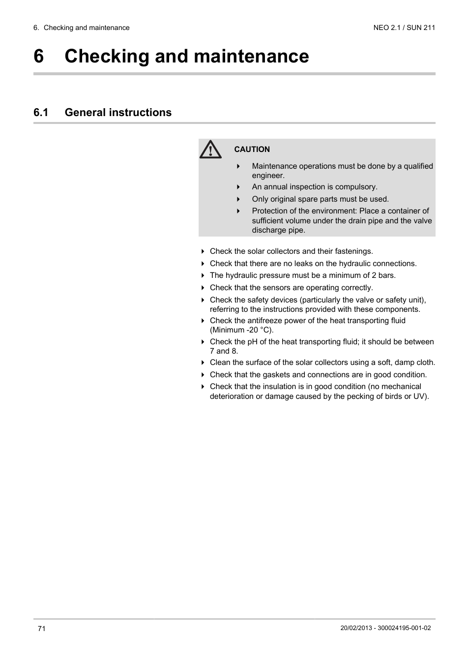 Checking and maintenance, General instructions, 6 checking and maintenance | 1 general instructions | DE DIETRICH NEO 2.1 User Manual | Page 72 / 76