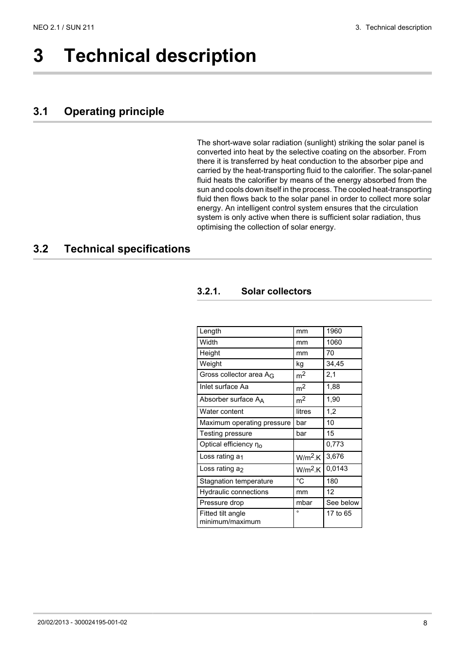 Technical description, Operating principle, Technical specifications | Solar collectors, 3 technical description, 1 operating principle, 2 technical specifications | DE DIETRICH NEO 2.1 User Manual | Page 9 / 76