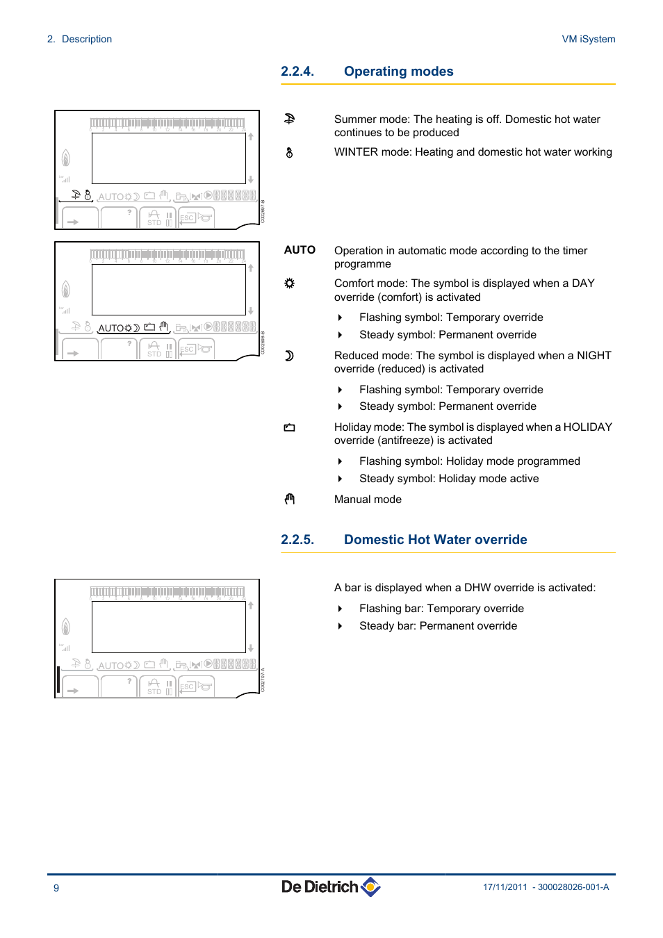 Operating modes, Domestic hot water override | DE DIETRICH AD281 User Manual | Page 10 / 28