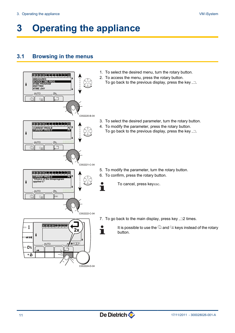 Operating the appliance, Browsing in the menus, 3 operating the appliance | 1 browsing in the menus, Operating the appliance vm isystem 11 | DE DIETRICH AD281 User Manual | Page 12 / 28