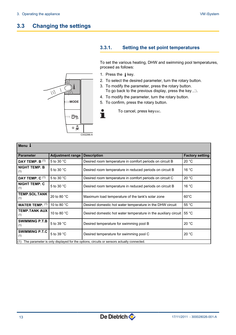 Changing the settings, Setting the set point temperatures, 3 changing the settings | DE DIETRICH AD281 User Manual | Page 14 / 28