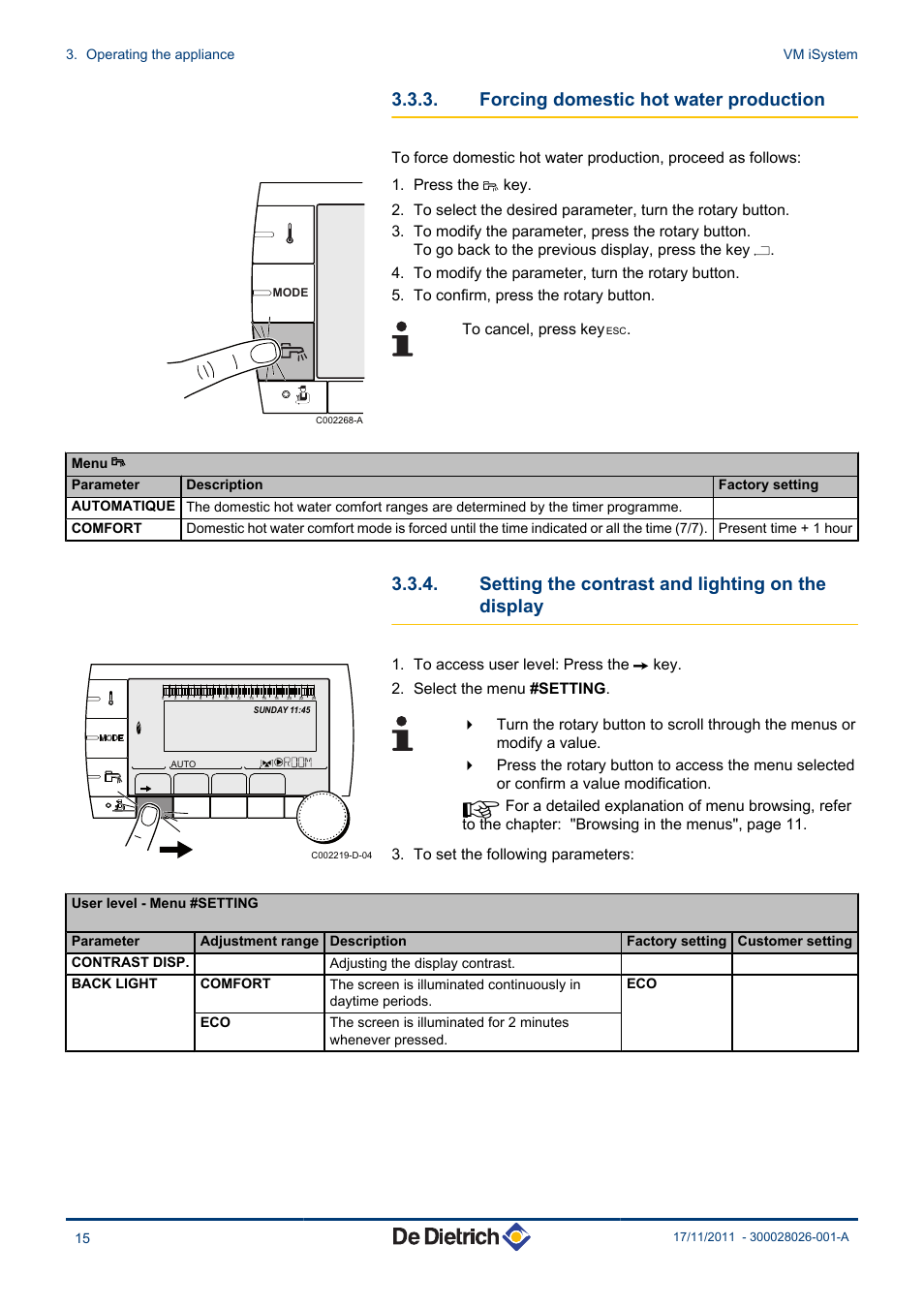 Forcing domestic hot water production, Setting the contrast and lighting on the, Display | Setting the contrast and lighting on the display | DE DIETRICH AD281 User Manual | Page 16 / 28