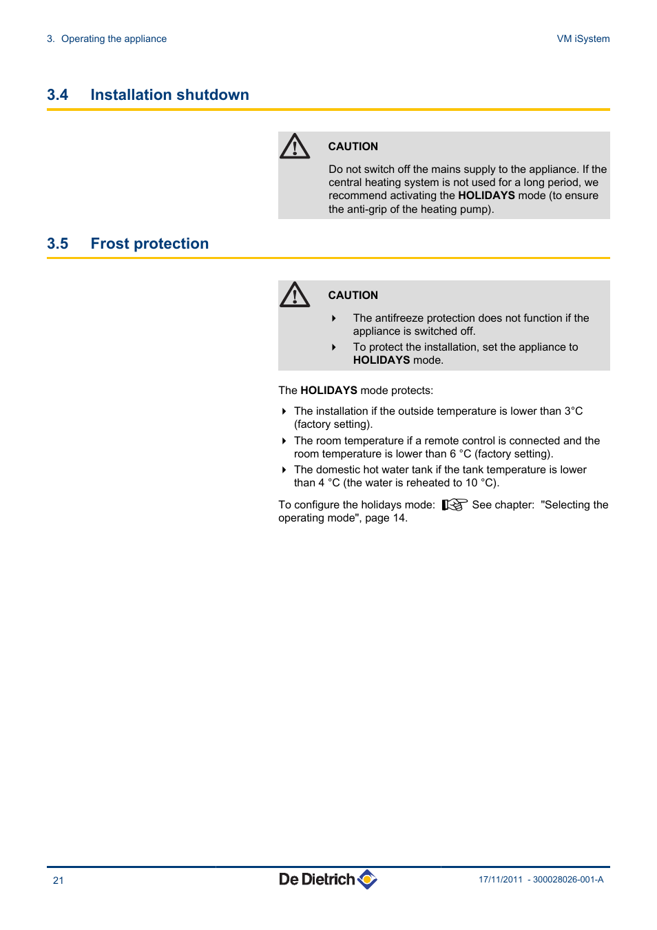 Installation shutdown, Frost protection, 4 installation shutdown | 5 frost protection | DE DIETRICH AD281 User Manual | Page 22 / 28