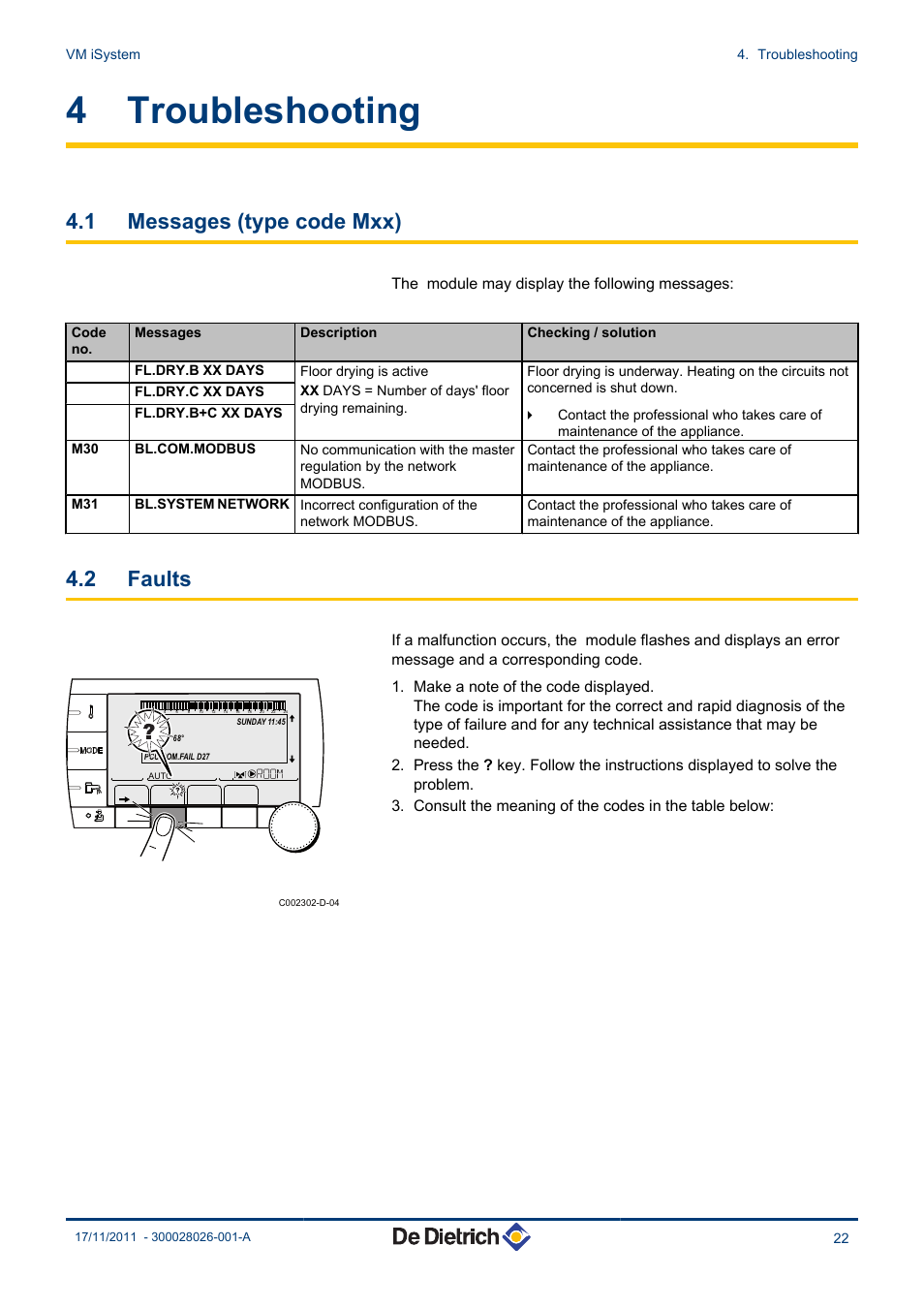 Troubleshooting, Messages (type code mxx), Faults | 4 troubleshooting, 1 messages (type code mxx), 2 faults, The module may display the following messages | DE DIETRICH AD281 User Manual | Page 23 / 28