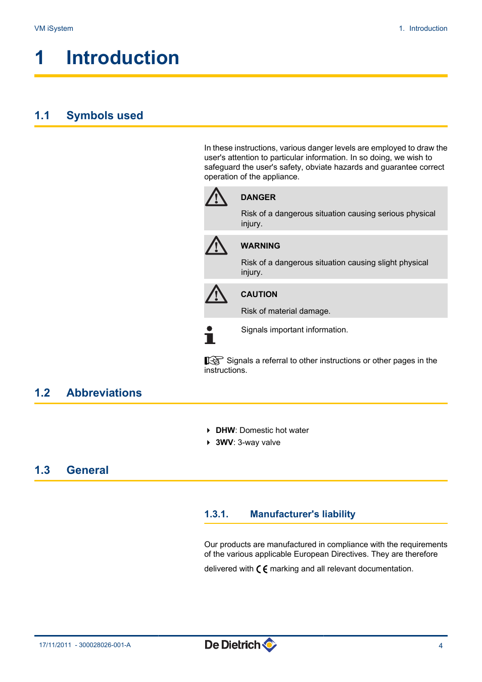 Introduction, Symbols used, Abbreviations | General, Manufacturer's liability, 1 introduction, 1 symbols used, 2 abbreviations, 3 general | DE DIETRICH AD281 User Manual | Page 5 / 28