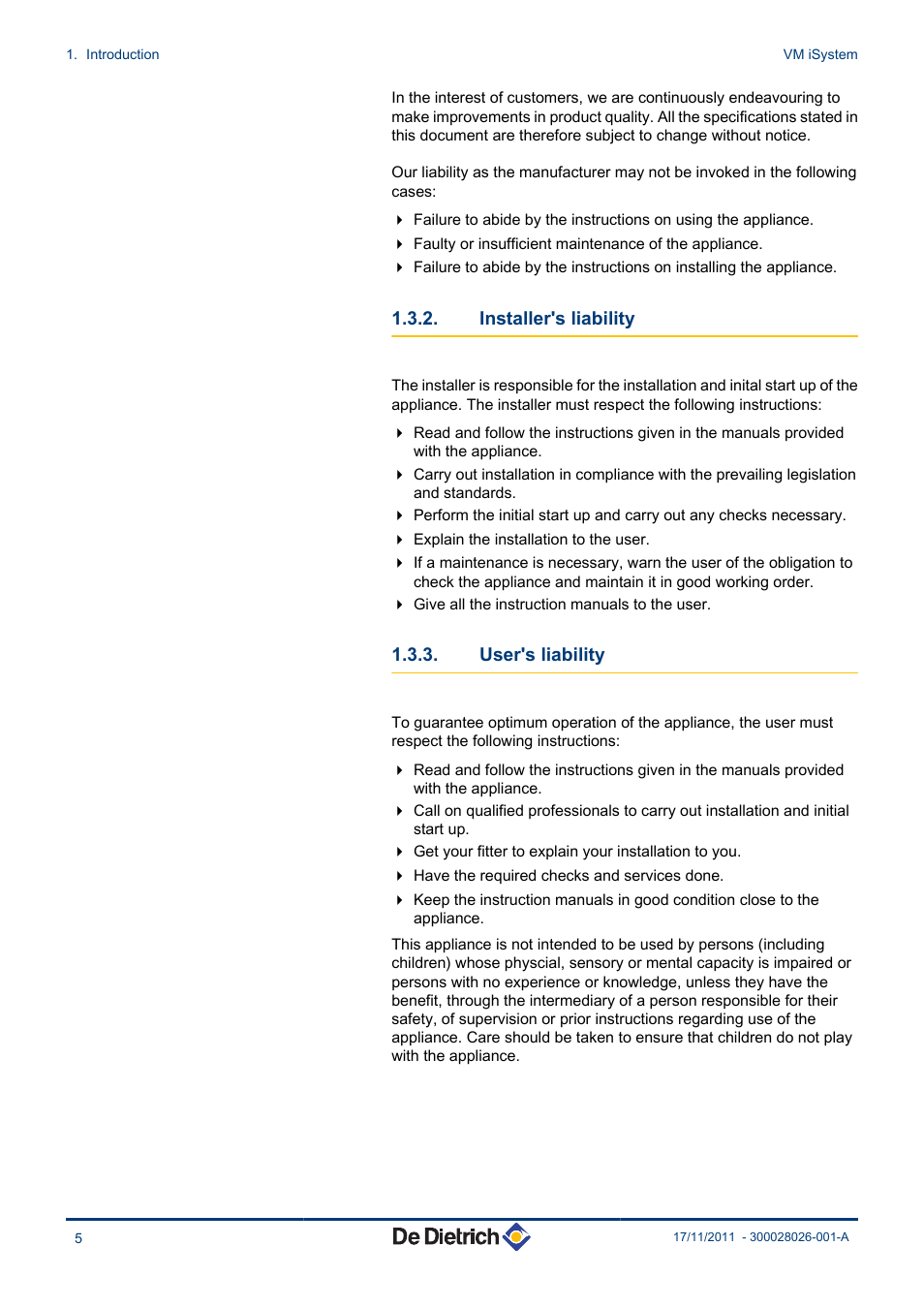 Installer's liability, User's liability | DE DIETRICH AD281 User Manual | Page 6 / 28