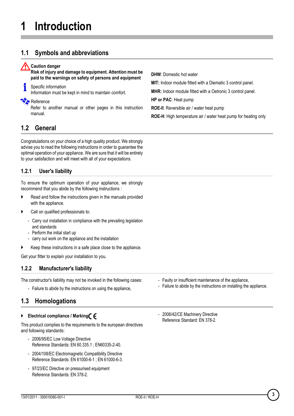 1 introduction, 1 symbols and abbreviations, 2 general | 1 user's liability, 2 manufacturer's liability, 3 homologations, Introduction, 1 symbols and abbreviations 1.2 general, User's liability, Manufacturer's liability | DE DIETRICH ROE-II _ ROE-H User Manual | Page 3 / 44