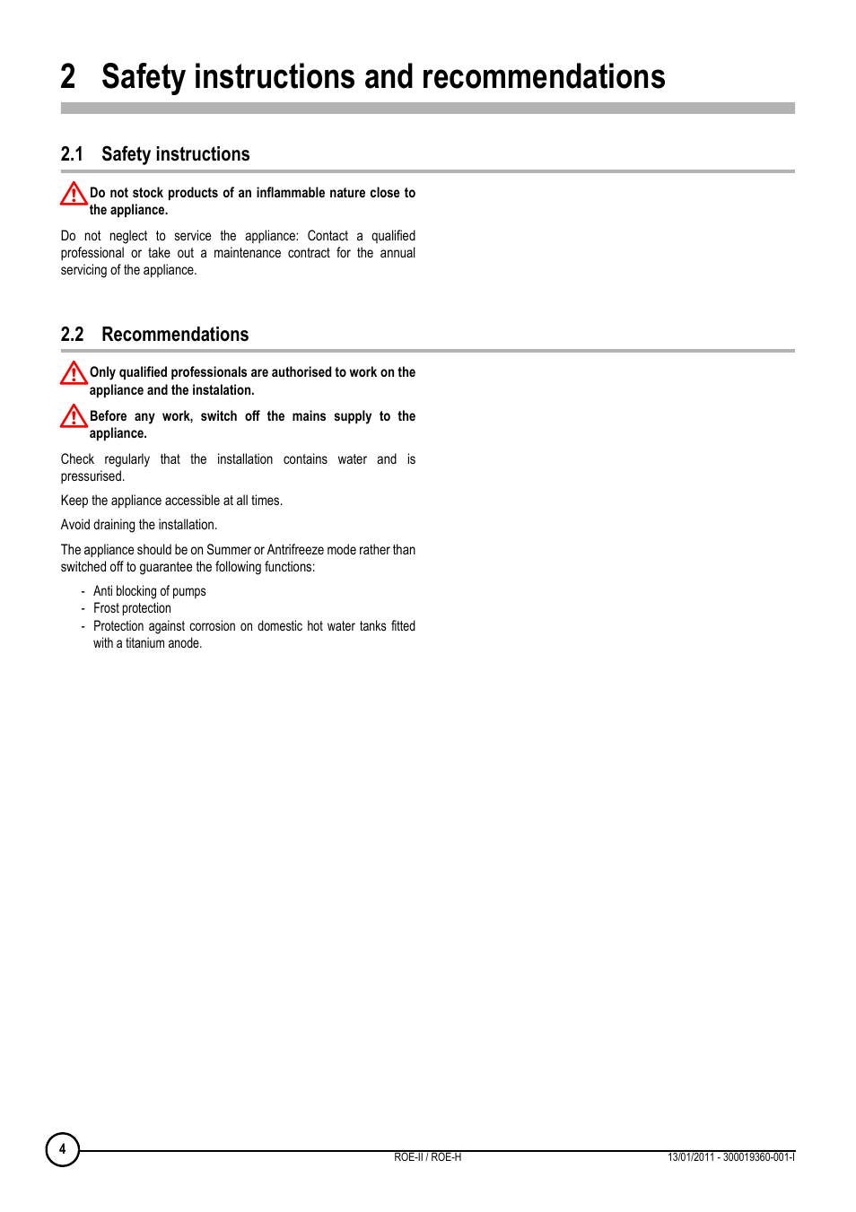 2 safety instructions and recommendations, 1 safety instructions, 2 recommendations | Safety instructions and recommendations, 1 safety instructions 2.2 recommendations | DE DIETRICH ROE-II _ ROE-H User Manual | Page 4 / 44