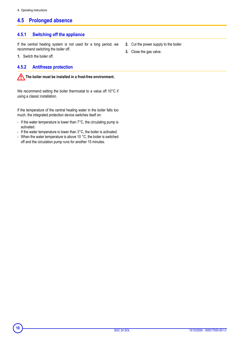 5 prolonged absence, 1 switching off the appliance, 2 antifreeze protection | Switching off the appliance, Antifreeze protection | DE DIETRICH SOLNEO SGC 24 SOL User Manual | Page 10 / 20