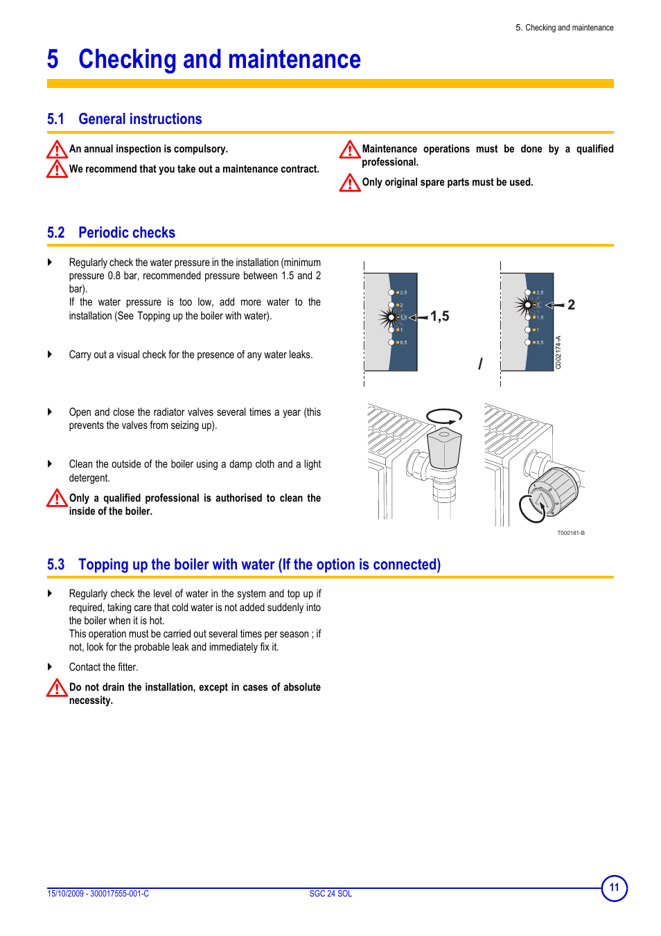 5 checking and maintenance, 1 general instructions, 2 periodic checks | Checking and maintenance | DE DIETRICH SOLNEO SGC 24 SOL User Manual | Page 11 / 20