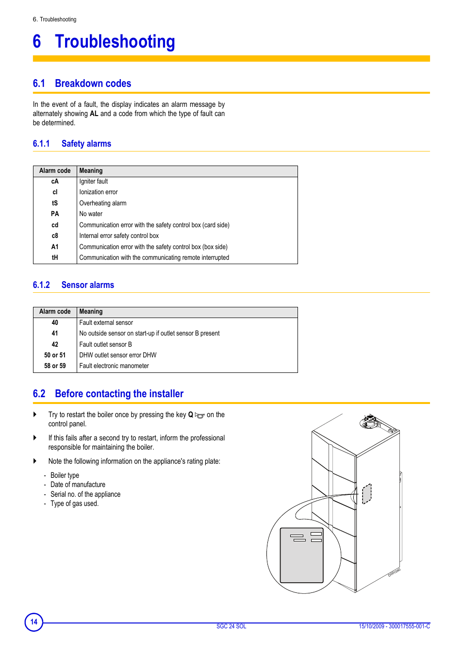 6 troubleshooting, 1 breakdown codes, 1 safety alarms | 2 sensor alarms, 2 before contacting the installer, Troubleshooting, Safety alarms, Sensor alarms, 1 safety alarms 6.1.2 sensor alarms | DE DIETRICH SOLNEO SGC 24 SOL User Manual | Page 14 / 20