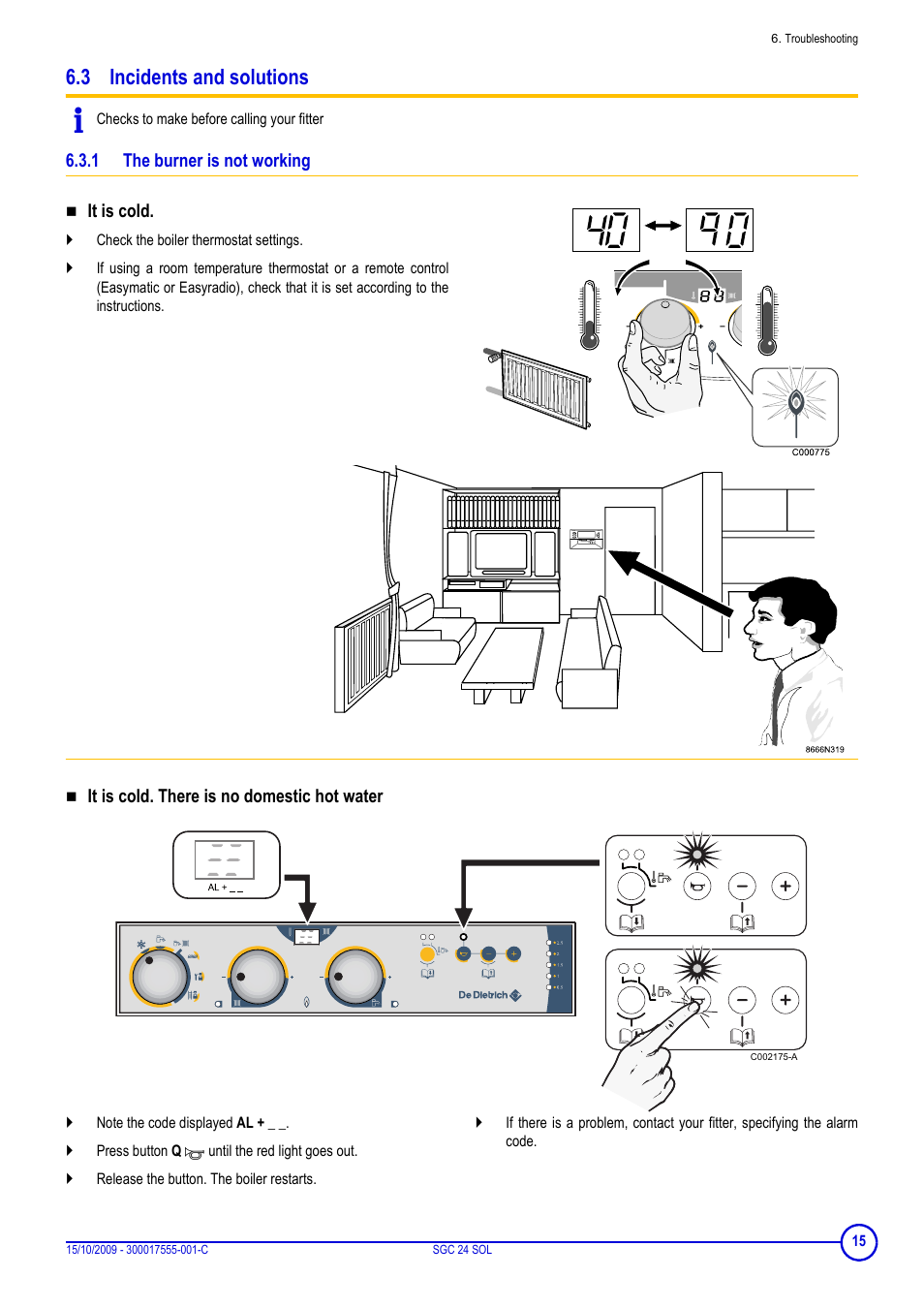 3 incidents and solutions, 1 the burner is not working, The burner is not working | DE DIETRICH SOLNEO SGC 24 SOL User Manual | Page 15 / 20