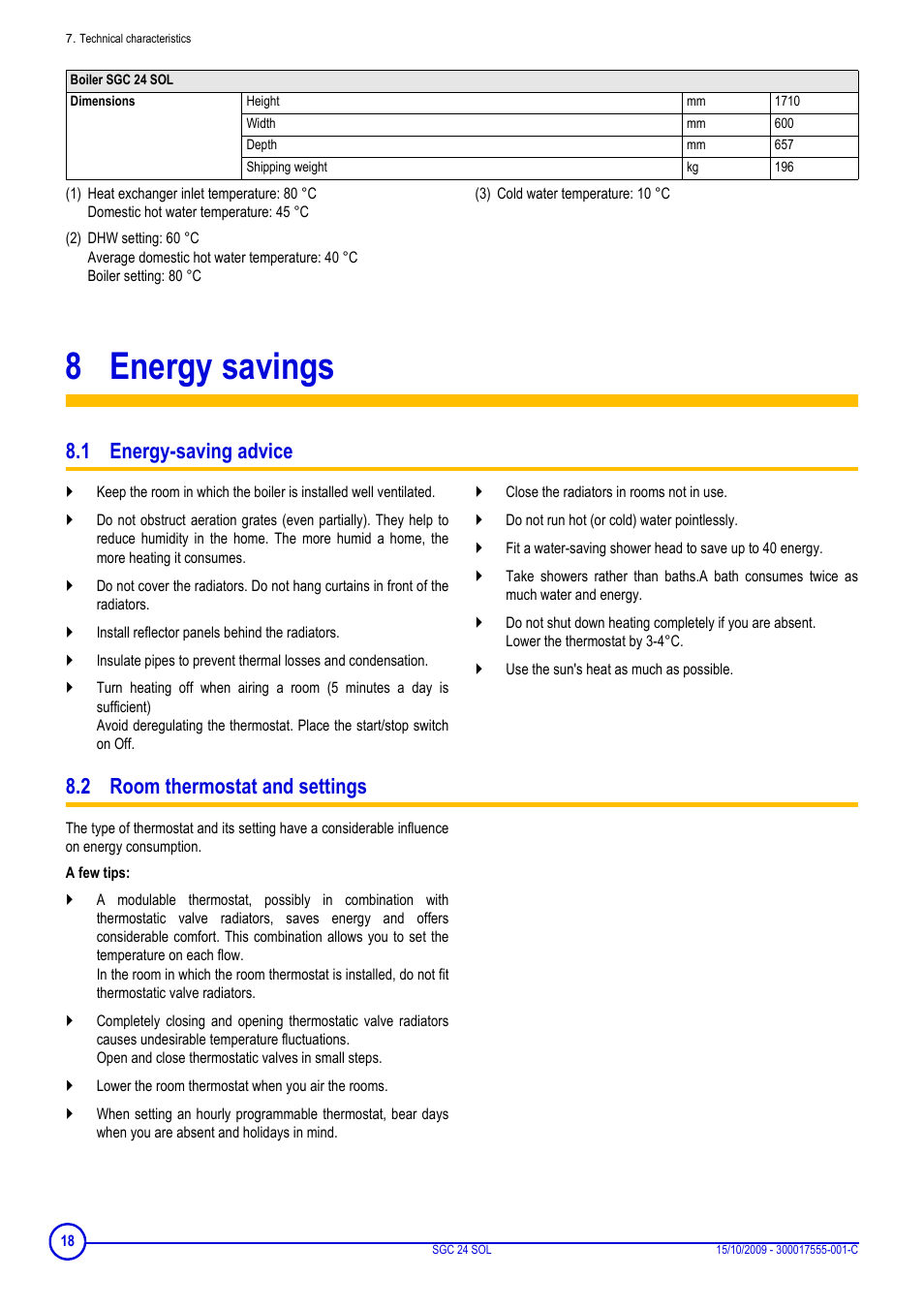 8 energy savings, 1 energy-saving advice, 2 room thermostat and settings | Energy savings | DE DIETRICH SOLNEO SGC 24 SOL User Manual | Page 18 / 20