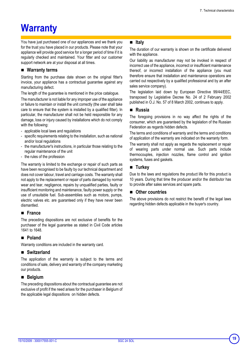 Warranty | DE DIETRICH SOLNEO SGC 24 SOL User Manual | Page 19 / 20