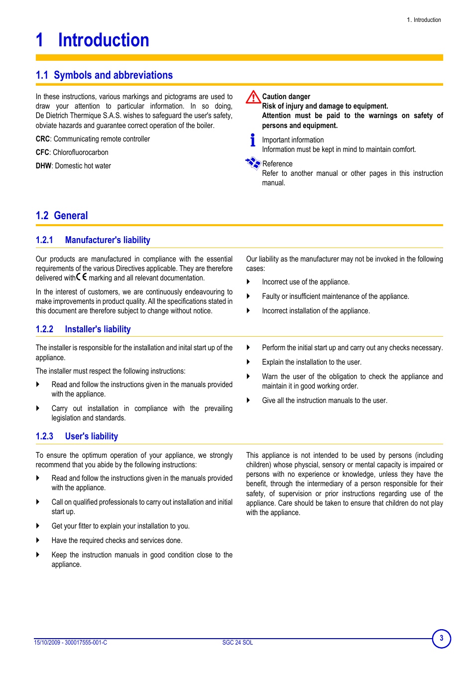 1 introduction, 1 symbols and abbreviations, 2 general | 1 manufacturer's liability, 2 installer's liability, 3 user's liability, Introduction, 1 symbols and abbreviations 1.2 general, Manufacturer's liability, Installer's liability | DE DIETRICH SOLNEO SGC 24 SOL User Manual | Page 3 / 20
