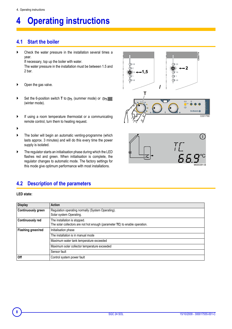 4 operating instructions, 1 start the boiler, 2 description of the parameters | Operating instructions | DE DIETRICH SOLNEO SGC 24 SOL User Manual | Page 8 / 20