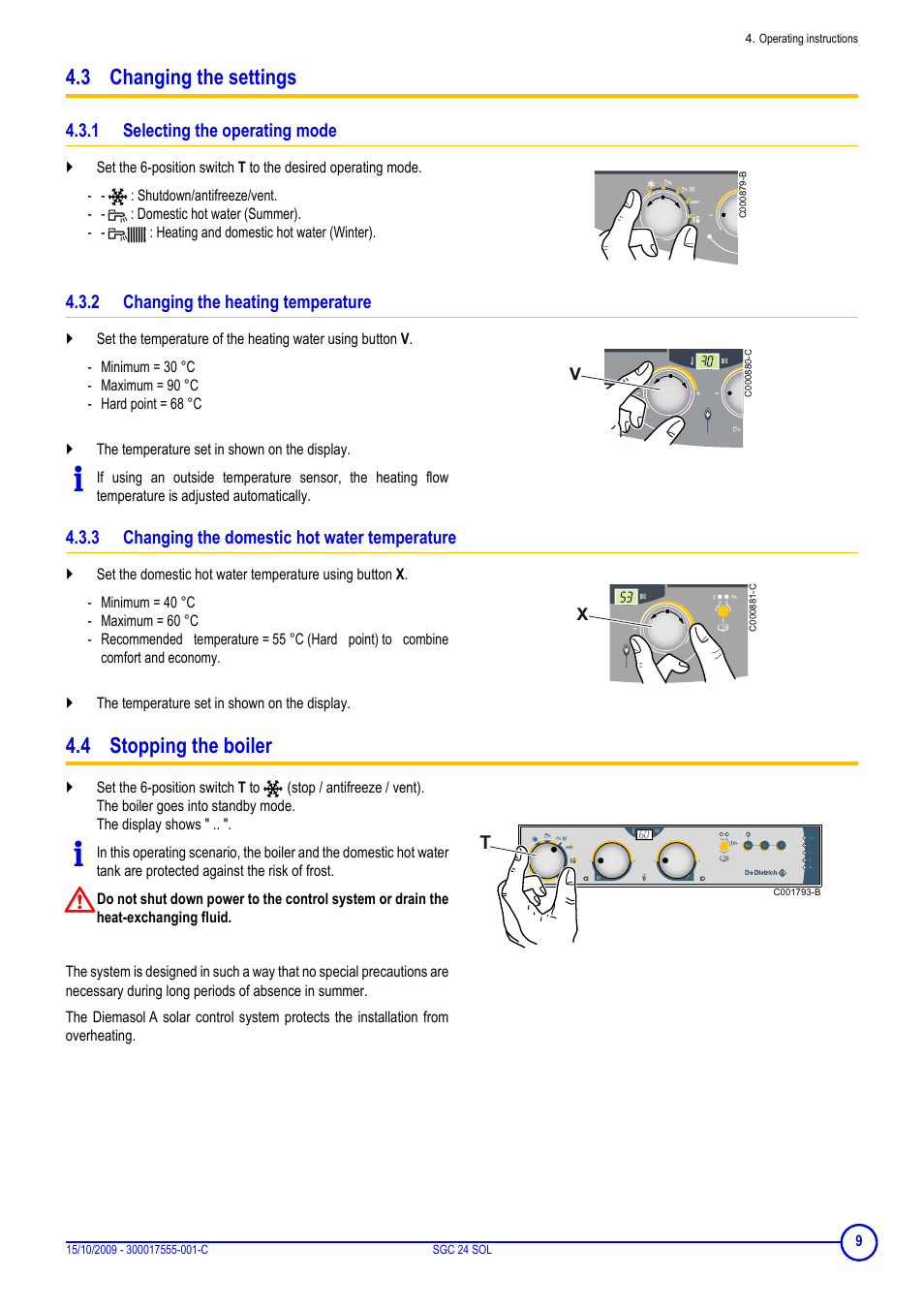 3 changing the settings, 1 selecting the operating mode, 2 changing the heating temperature | 3 changing the domestic hot water temperature, 4 stopping the boiler, Selecting the operating mode, Changing the heating temperature, Changing the domestic hot water temperature | DE DIETRICH SOLNEO SGC 24 SOL User Manual | Page 9 / 20