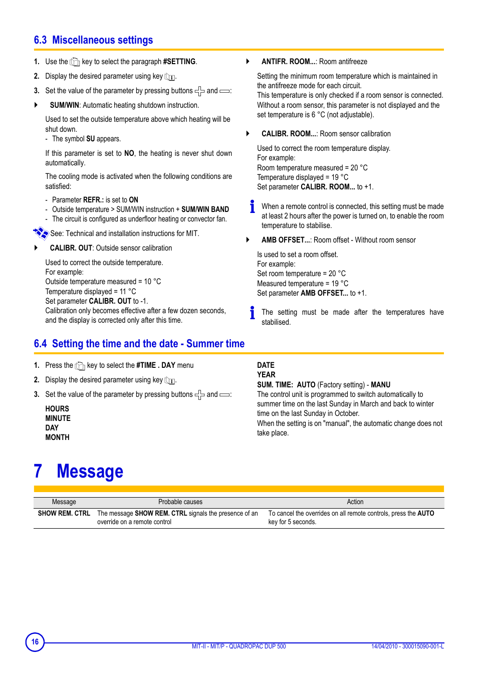 3 miscellaneous settings, 4 setting the time and the date - summer time, 7 message | Message | DE DIETRICH MIT-II-E, MIT-II-H, MIT-EP, MIT-HP and QUADROPAC DUP 500 User Manual | Page 16 / 24