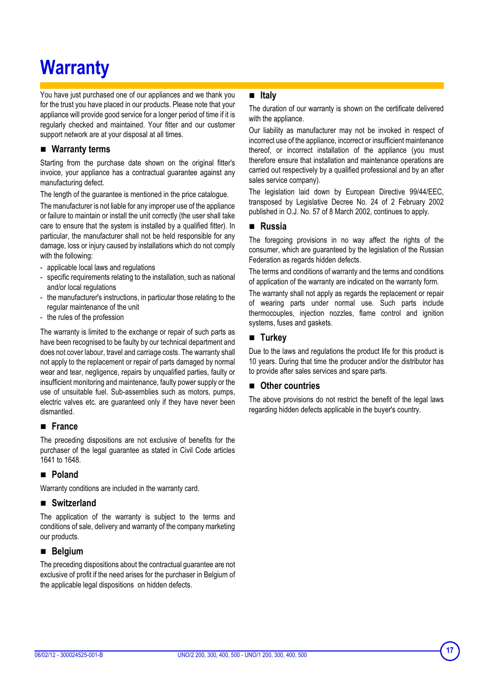 Warranty | DE DIETRICH INISOL UNO-2 …, UNO-1 … User Manual | Page 17 / 20