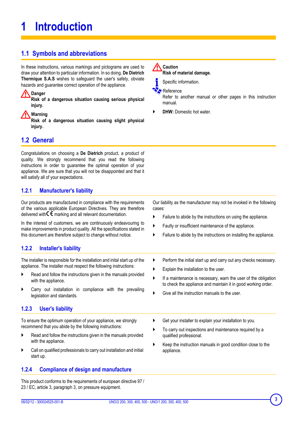 1 introduction, 1 symbols and abbreviations, 2 general | 1 manufacturer's liability, 2 installer's liability, 3 user's liability, 4 compliance of design and manufacture, Introduction, 1 symbols and abbreviations 1.2 general, Manufacturer's liability | DE DIETRICH INISOL UNO-2 …, UNO-1 … User Manual | Page 3 / 20