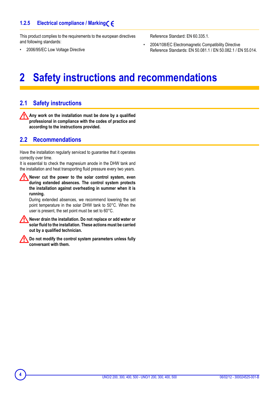 5 electrical compliance / marking s, 2 safety instructions and recommendations, 1 safety instructions | 2 recommendations, Electrical compliance / marking 1, Safety instructions and recommendations, 1 safety instructions 2.2 recommendations | DE DIETRICH INISOL UNO-2 …, UNO-1 … User Manual | Page 4 / 20