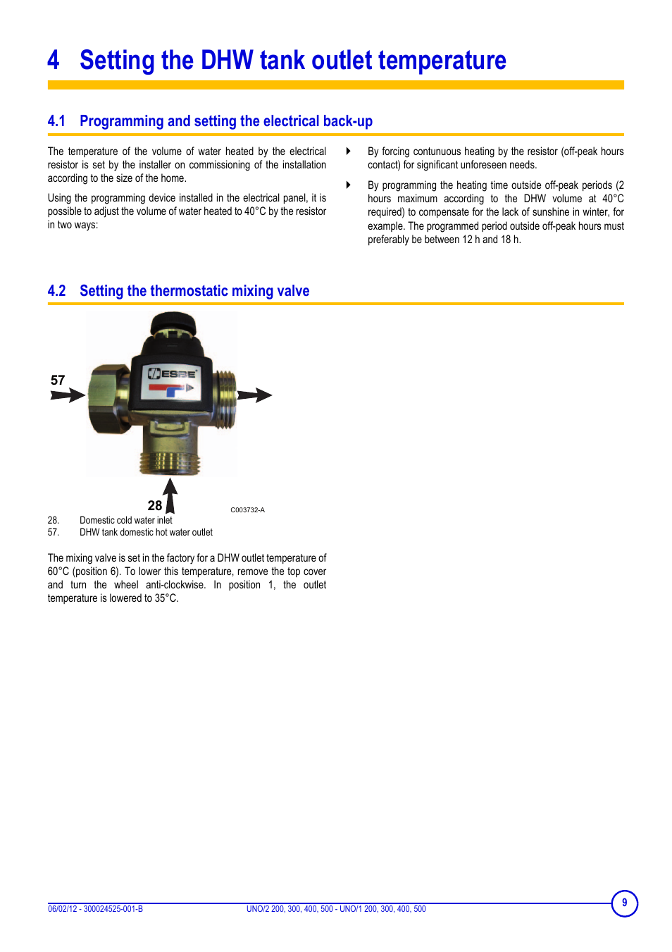 4 setting the dhw tank outlet temperature, 1 programming and setting the electrical back-up, 2 setting the thermostatic mixing valve | Setting the dhw tank outlet temperature | DE DIETRICH INISOL UNO-2 …, UNO-1 … User Manual | Page 9 / 20