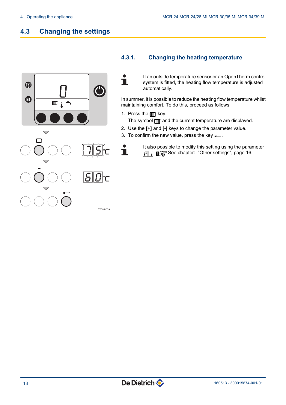 Changing the settings, Changing the heating temperature, 3 changing the settings | DE DIETRICH VIVADENS MCR 24, MCR .._.. MI User Manual | Page 14 / 36