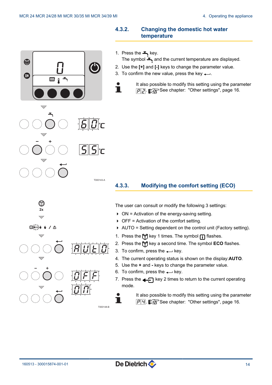 Changing the domestic hot water, Temperature, Modifying the comfort setting (eco) | DE DIETRICH VIVADENS MCR 24, MCR .._.. MI User Manual | Page 15 / 36