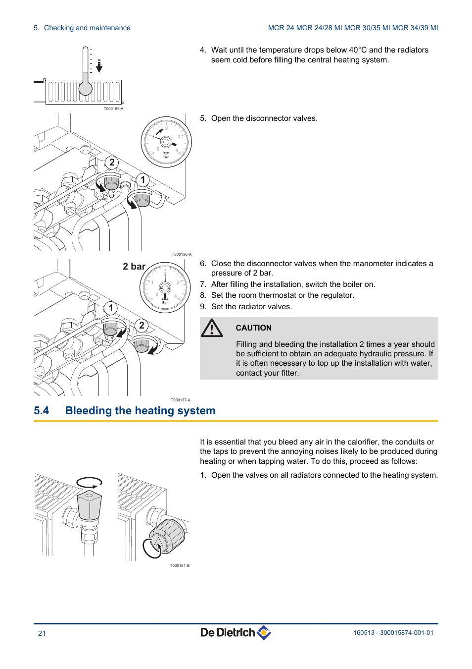 Bleeding the heating system, 4 bleeding the heating system, 21 2 bar | DE DIETRICH VIVADENS MCR 24, MCR .._.. MI User Manual | Page 22 / 36