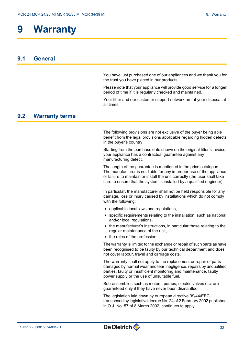 Warranty, General, Warranty terms | 9 warranty, 1 general, 2 warranty terms | DE DIETRICH VIVADENS MCR 24, MCR .._.. MI User Manual | Page 33 / 36