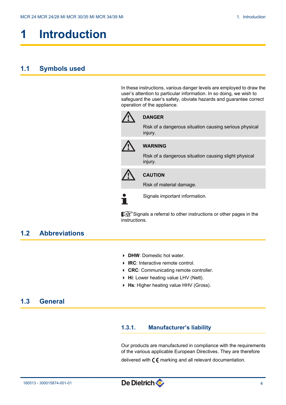 Introduction, Symbols used, Abbreviations | General, Manufacturer’s liability, 1 introduction, 1 symbols used, 2 abbreviations, 3 general | DE DIETRICH VIVADENS MCR 24, MCR .._.. MI User Manual | Page 5 / 36