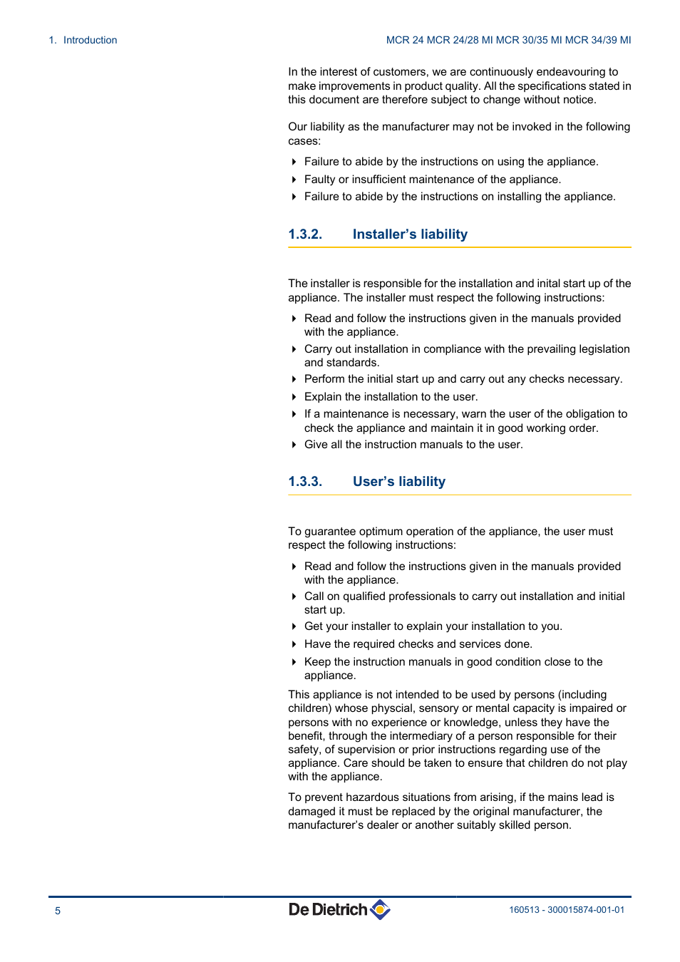 Installer’s liability, User’s liability | DE DIETRICH VIVADENS MCR 24, MCR .._.. MI User Manual | Page 6 / 36