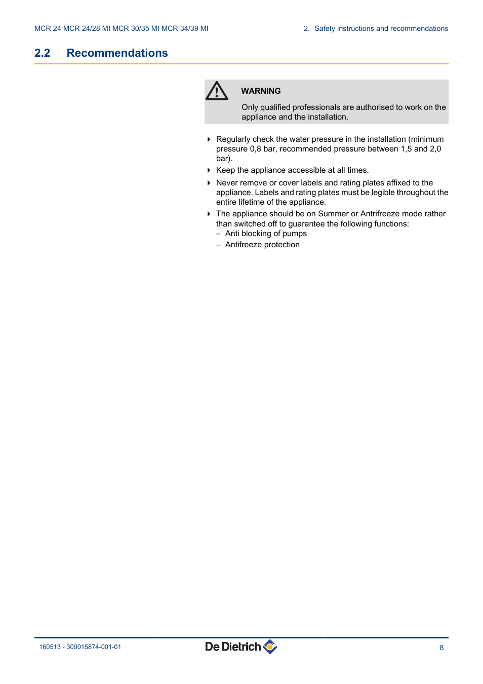 Recommendations, 2 recommendations | DE DIETRICH VIVADENS MCR 24, MCR .._.. MI User Manual | Page 9 / 36