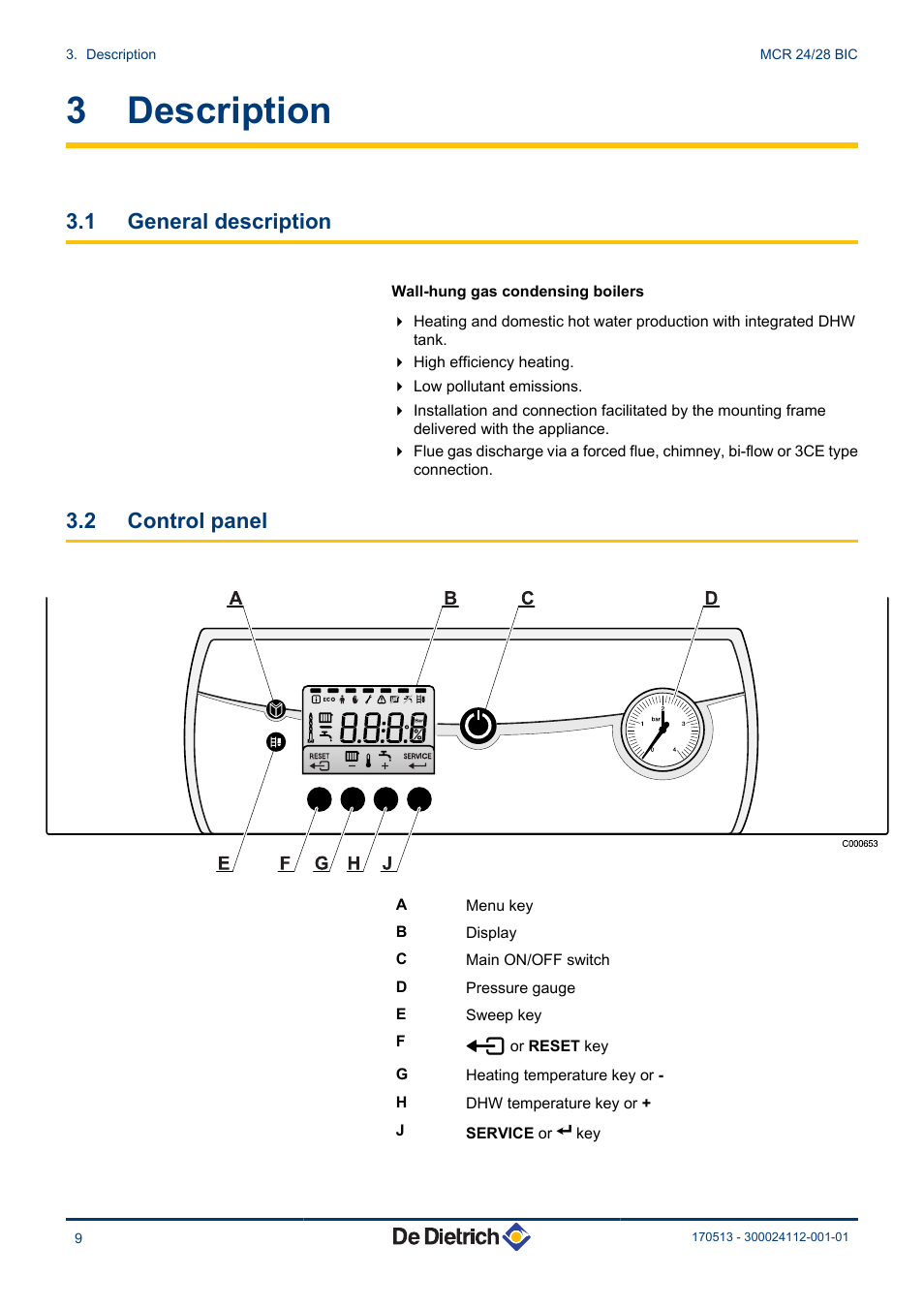 Description, General description, Control panel | 3 description, 1 general description, 2 control panel | DE DIETRICH VIVADENS MCR 24_28 BIC User Manual | Page 10 / 36