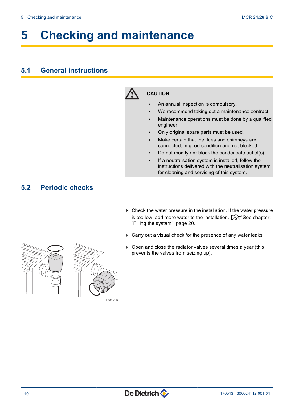 Checking and maintenance, General instructions, Periodic checks | 5 checking and maintenance, 1 general instructions, 2 periodic checks | DE DIETRICH VIVADENS MCR 24_28 BIC User Manual | Page 20 / 36