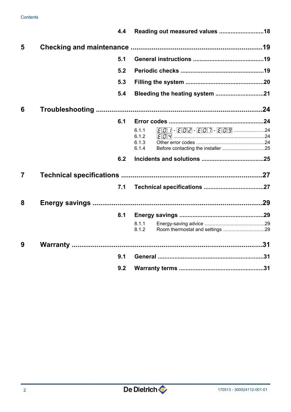 5checking and maintenance, 6troubleshooting, 7technical specifications | 8energy savings, 9warranty | DE DIETRICH VIVADENS MCR 24_28 BIC User Manual | Page 3 / 36