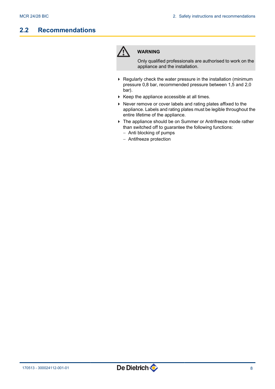 Recommendations, 2 recommendations | DE DIETRICH VIVADENS MCR 24_28 BIC User Manual | Page 9 / 36