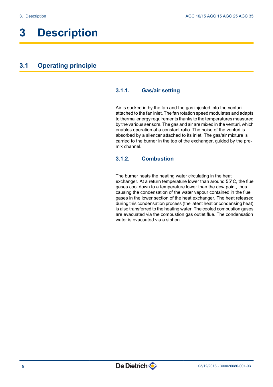 Description, Operating principle, Gas/air setting | Combustion, 3 description, 1 operating principle | DE DIETRICH MODULENS AGC 15, AGC 25, AGC 35 User Manual | Page 10 / 44