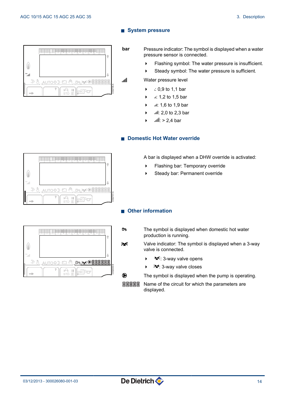 N system pressure, N domestic hot water override, N other information | DE DIETRICH MODULENS AGC 15, AGC 25, AGC 35 User Manual | Page 15 / 44