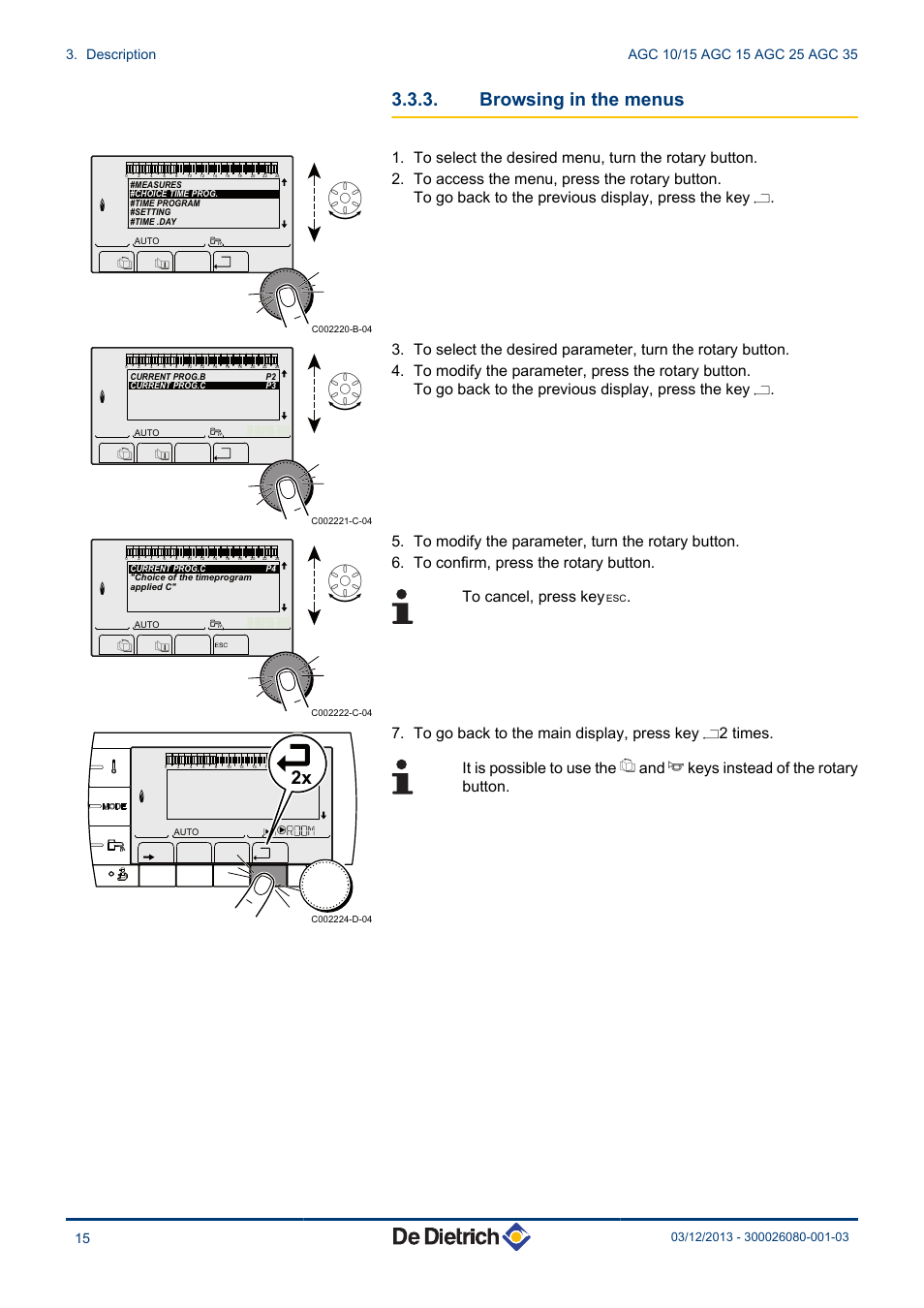 Browsing in the menus | DE DIETRICH MODULENS AGC 15, AGC 25, AGC 35 User Manual | Page 16 / 44