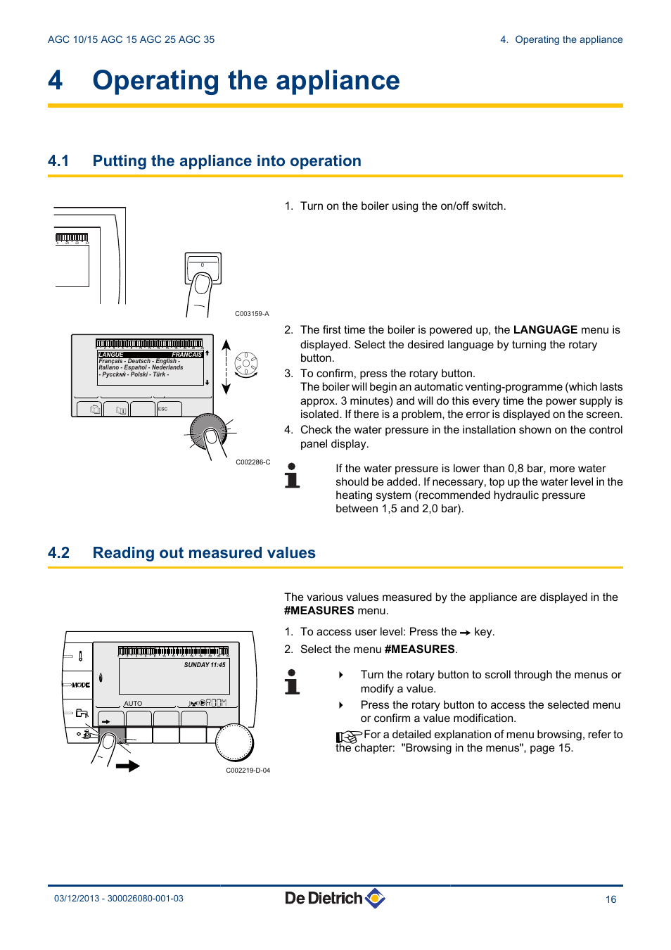 Operating the appliance, Putting the appliance into operation, Reading out measured values | 4 operating the appliance, 1 putting the appliance into operation, 2 reading out measured values | DE DIETRICH MODULENS AGC 15, AGC 25, AGC 35 User Manual | Page 17 / 44