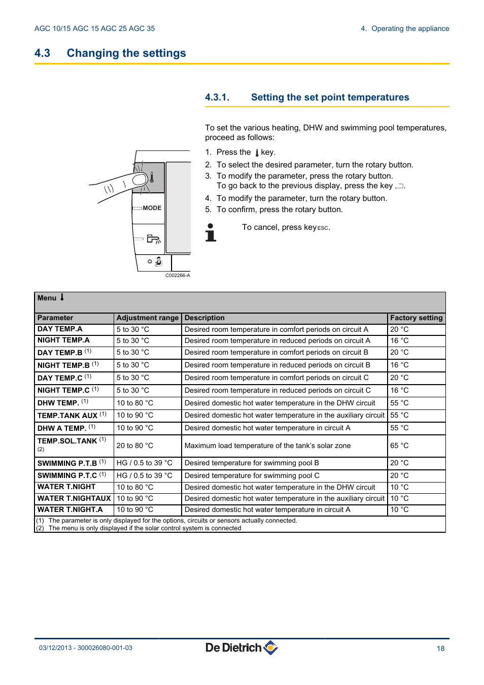 Changing the settings, Setting the set point temperatures, 3 changing the settings | DE DIETRICH MODULENS AGC 15, AGC 25, AGC 35 User Manual | Page 19 / 44