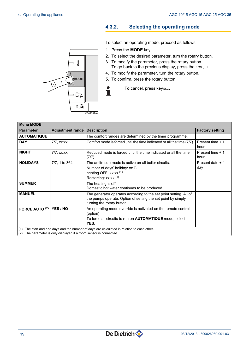 Selecting the operating mode | DE DIETRICH MODULENS AGC 15, AGC 25, AGC 35 User Manual | Page 20 / 44