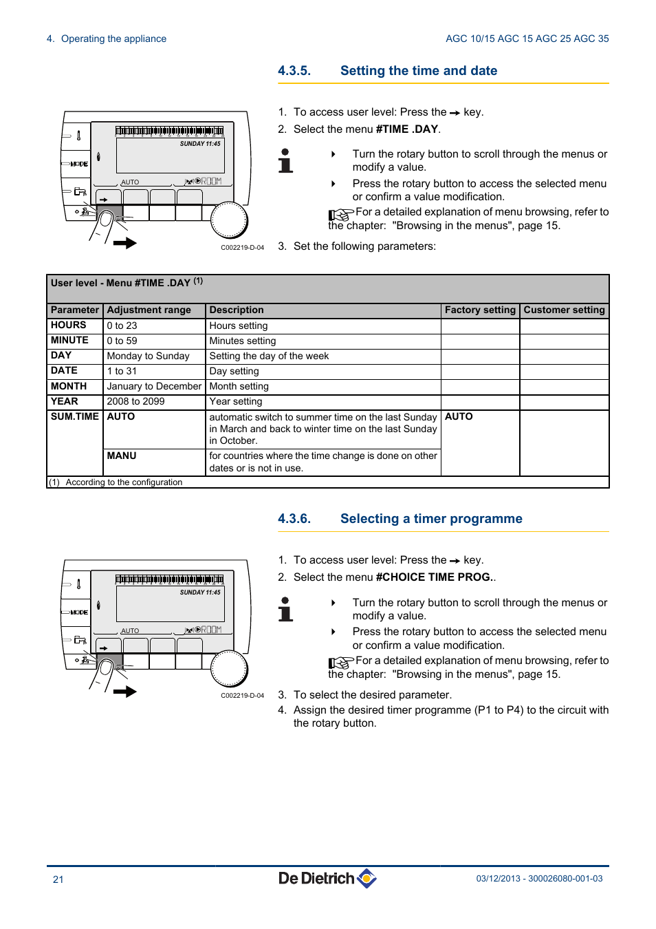 Setting the time and date, Selecting a timer programme | DE DIETRICH MODULENS AGC 15, AGC 25, AGC 35 User Manual | Page 22 / 44