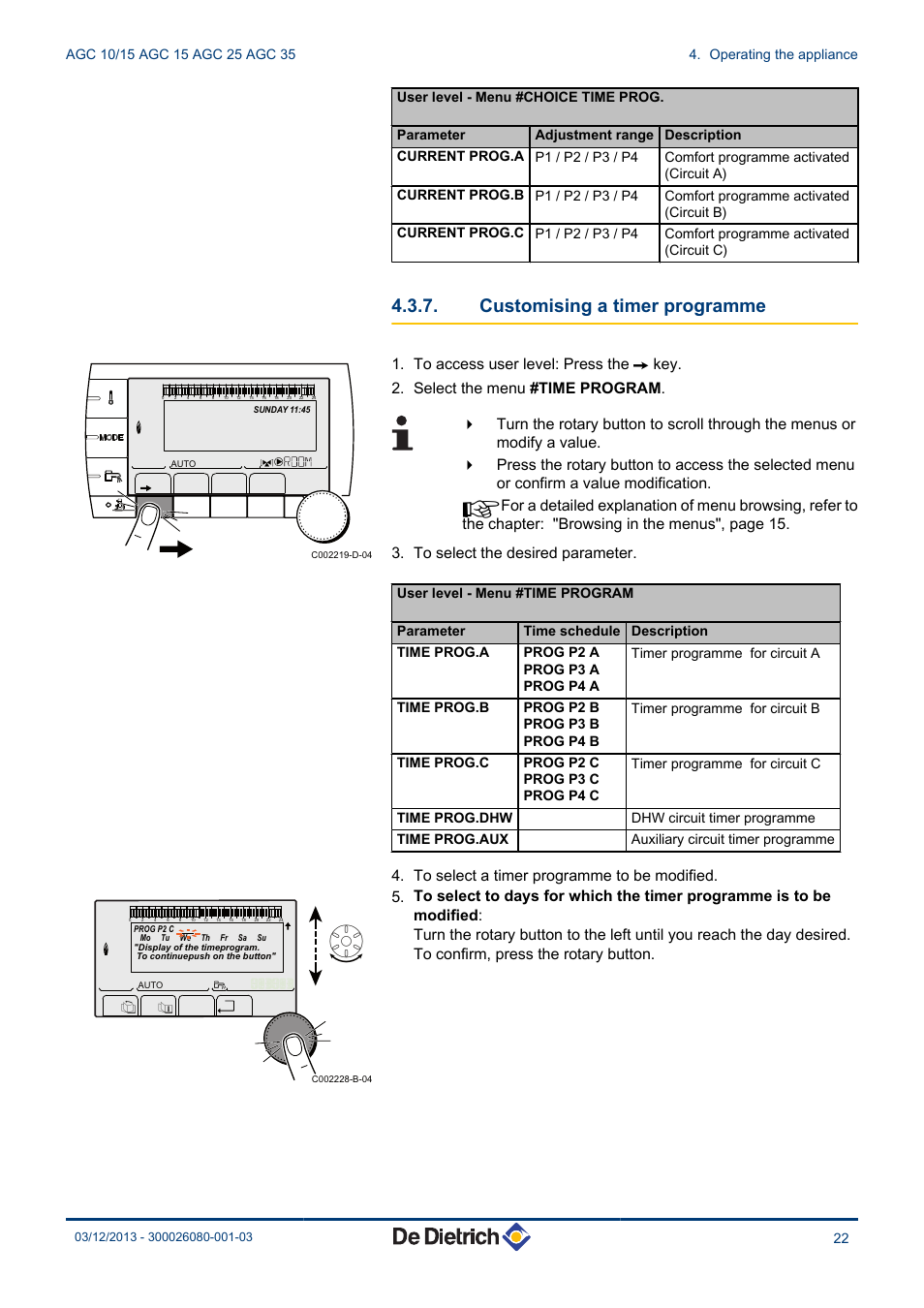 Customising a timer programme, Dhw circuit timer programme time prog.aux, Auxiliary circuit timer programme | DE DIETRICH MODULENS AGC 15, AGC 25, AGC 35 User Manual | Page 23 / 44