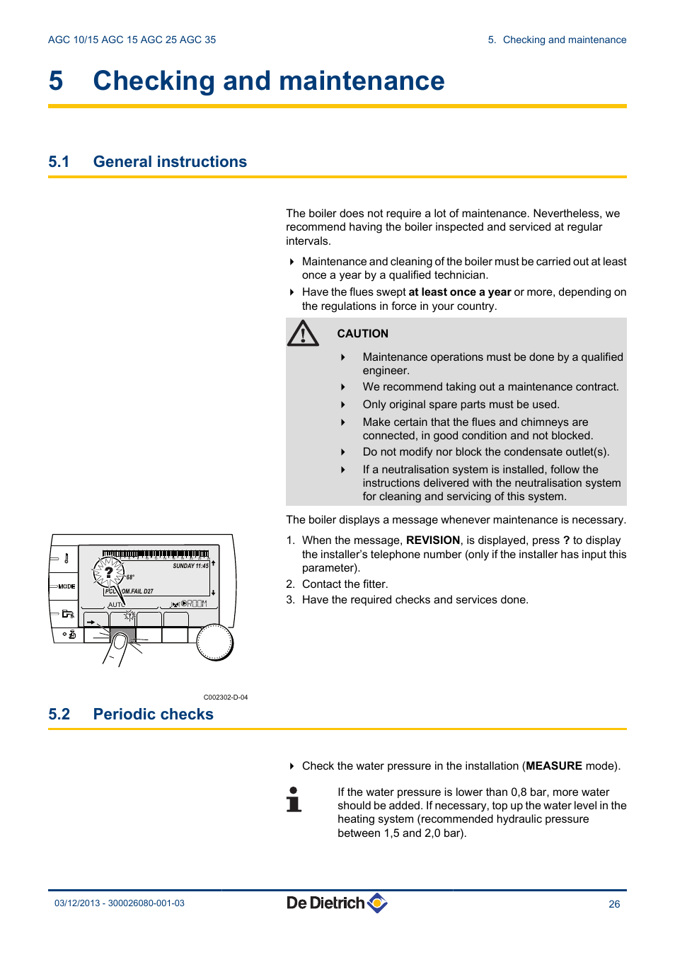 Checking and maintenance, General instructions, Periodic checks | 5 checking and maintenance, 1 general instructions, 2 periodic checks | DE DIETRICH MODULENS AGC 15, AGC 25, AGC 35 User Manual | Page 27 / 44