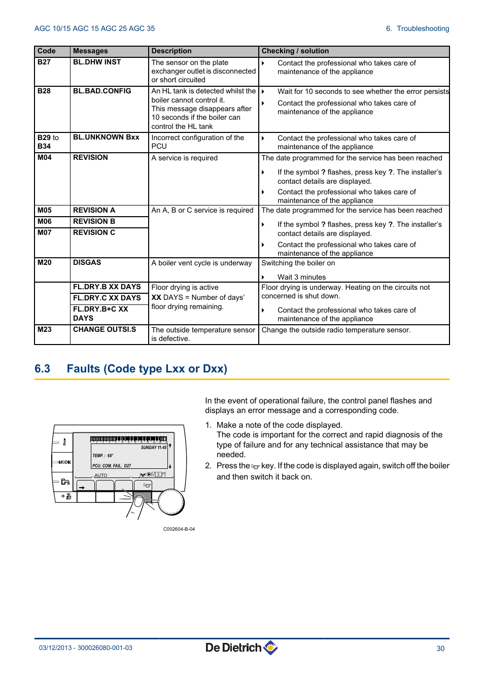 Faults (code type lxx or dxx), 3 faults (code type lxx or dxx) | DE DIETRICH MODULENS AGC 15, AGC 25, AGC 35 User Manual | Page 31 / 44