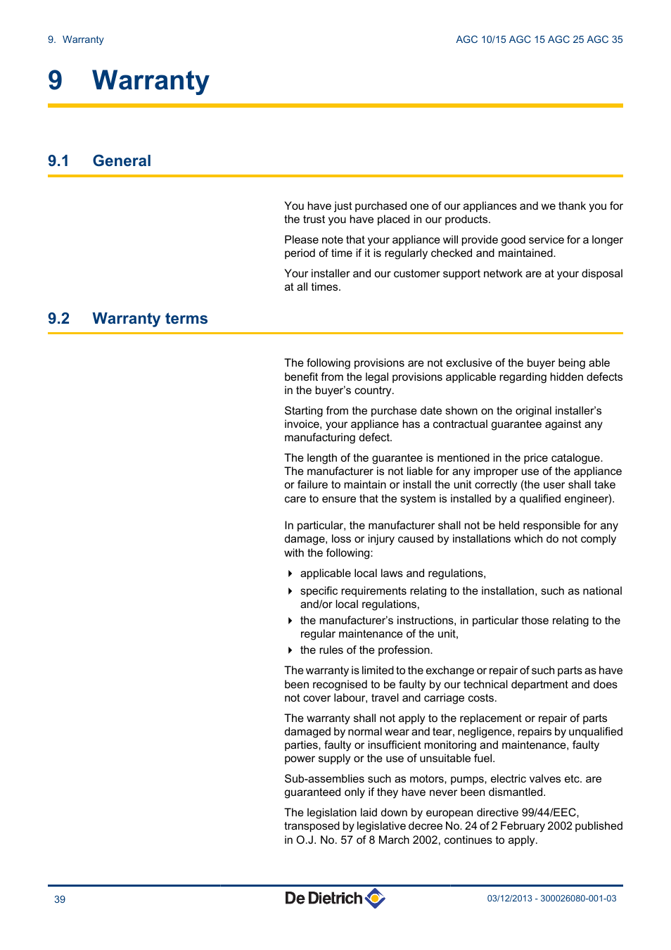 Warranty, General, Warranty terms | 9 warranty, 1 general, 2 warranty terms | DE DIETRICH MODULENS AGC 15, AGC 25, AGC 35 User Manual | Page 40 / 44